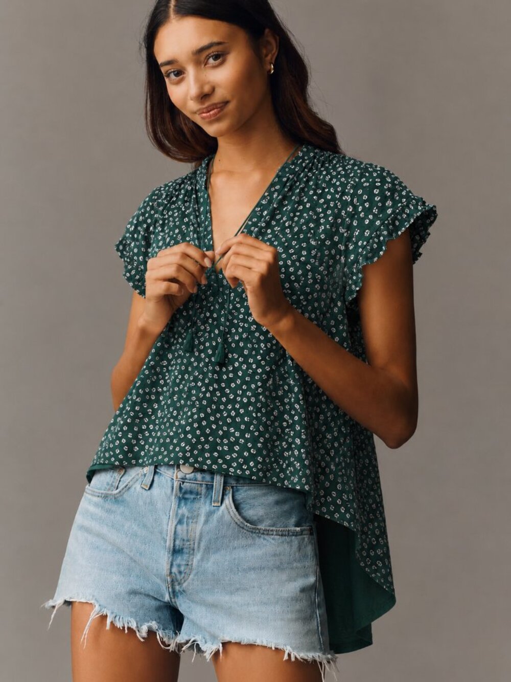 Anthropologie Porridge Green Ladybug Print Flutter Sleeve Hi-Lo Blouse XS